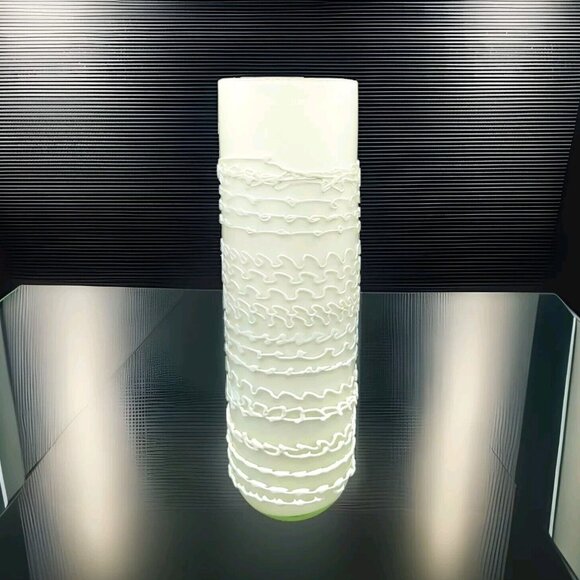 White Glass Cylinder 16" Vase Applied Ruffled Ribbon Contemporary Modernist Boho